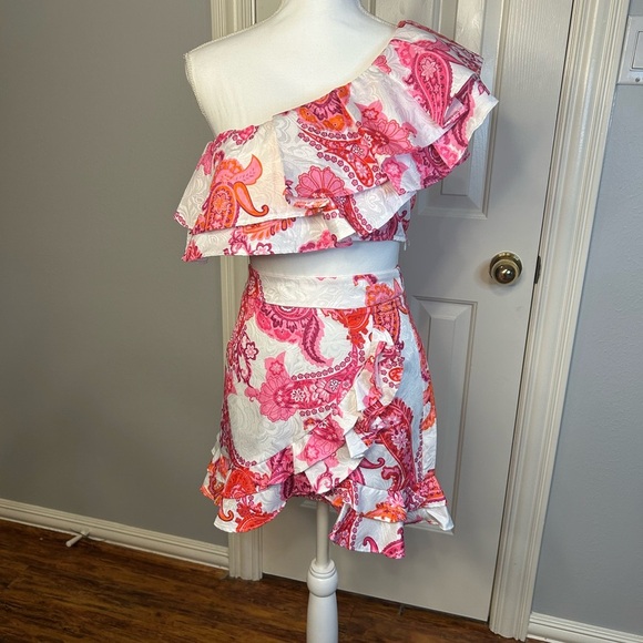NWOT Two-Piece Ruffle Crop Top & Mini Skirt Set – Pink Paisley Print Size L - Picture 6 of 12